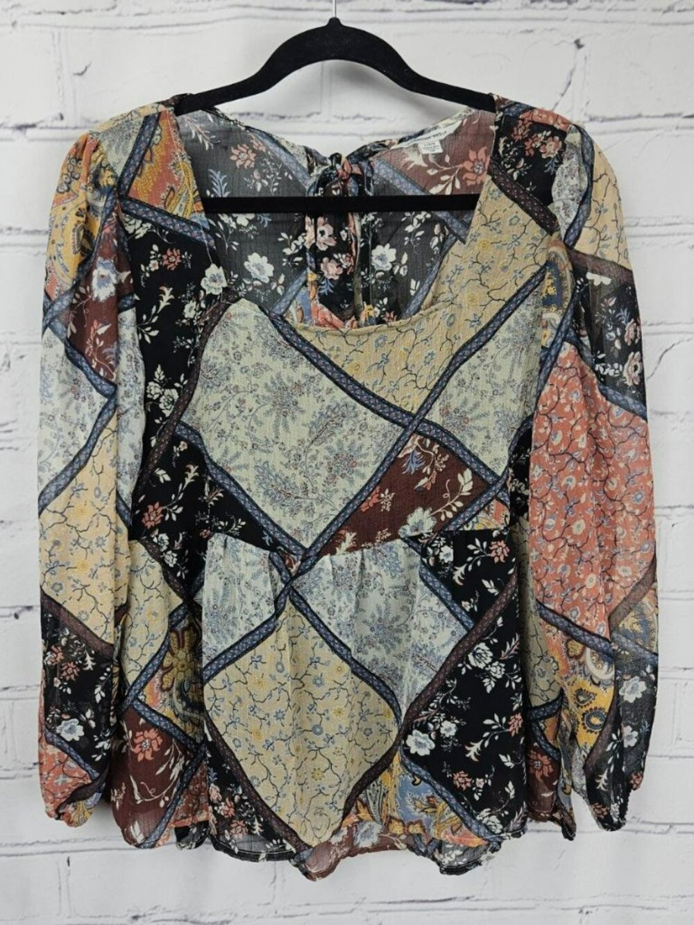 American Eagle Patchwork Boho Floral Long Sleeve Blouse Womens L Hippie Sheer